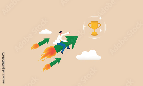 Man riding a rocket arrow towards a trophy symbolizing success and achievement