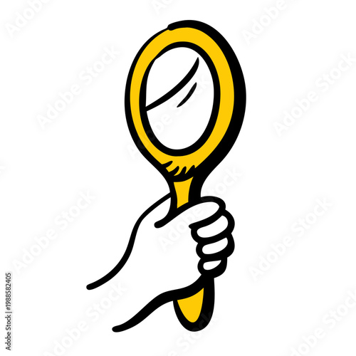 Hand holding golden mirror illustration for beauty personal care grooming and vanity designs