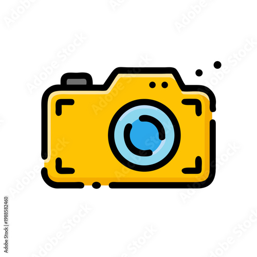Yellow camera with blue lens and black outline symbol, photography icon