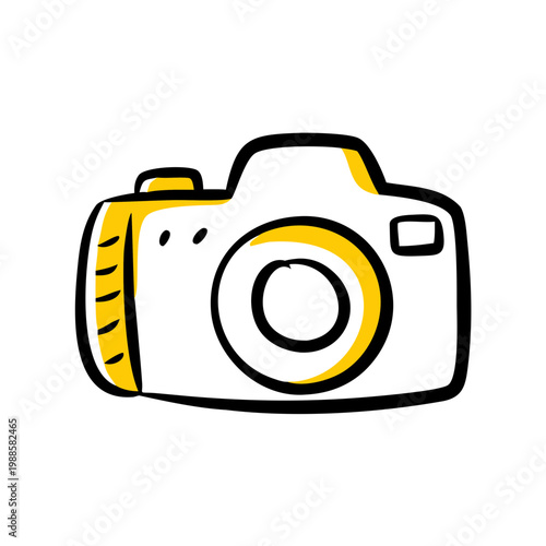 Sketchy yellow camera with black outline and gray background illustration