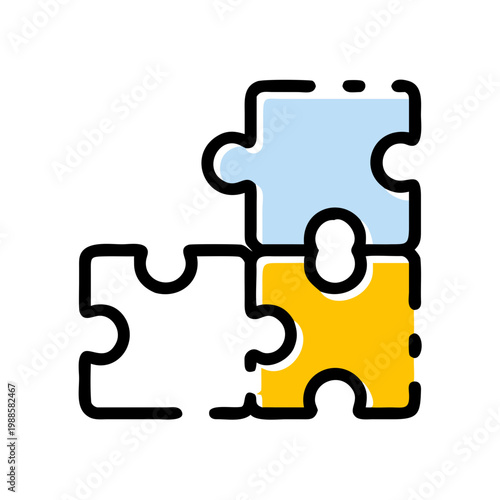 Puzzle pieces in yellow, blue, and gray with black outline symbol