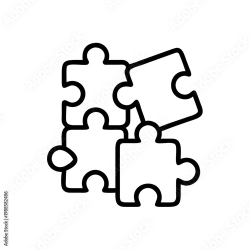 Four puzzle pieces interconnected on transparent background, black outline