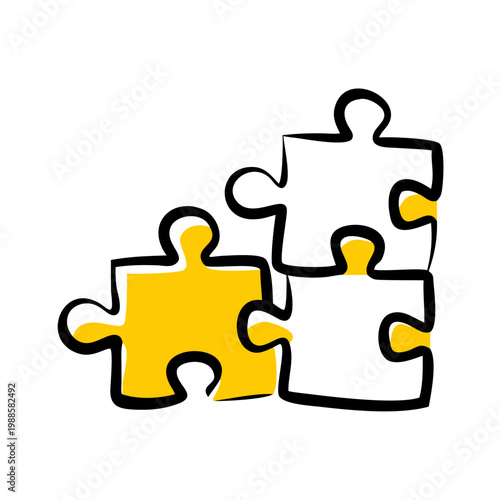 Four puzzle pieces, one yellow, interconnected on transparent background