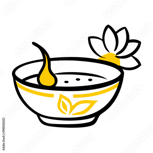 Wellness bowl with essential oil drop and lotus flower icon for aromatherapy and spa care