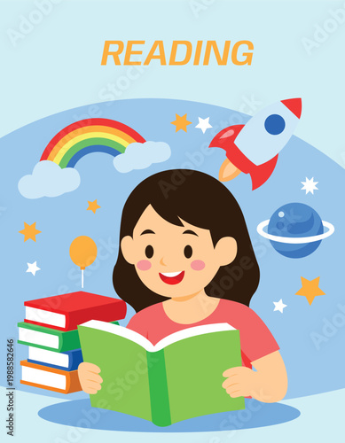 Reading Education Flat Illustration for Kids with Girl Holding Book and Imagination Theme