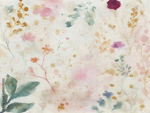 Delicate floral watercolor painting with soft, muted colors and an ethereal feel. The scene depicts a variety of wildflowers and foliage, blending together in a dreamy composition