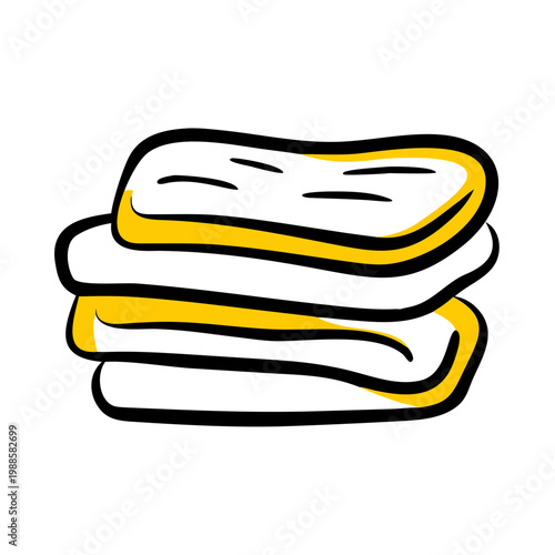 Pile of folded towels with yellow border. Laundry and cleaning concept. Doodle style.
