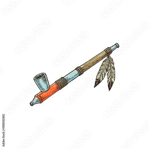 Ceremonial Peace Pipe with Feather Detail Illustration