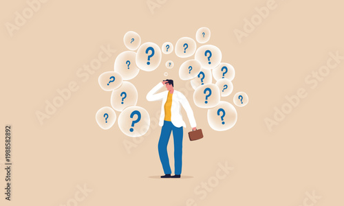 Confused businessman surrounded by question marks. Pondering a difficult decision