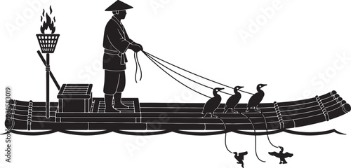 Fisherman on Boat Catching Birds with Nets on Water