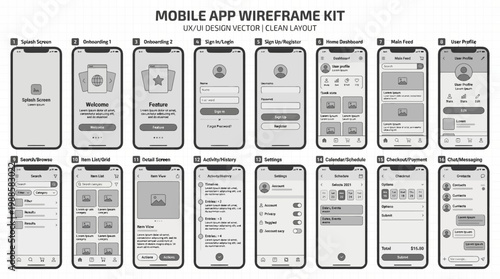 Mobile app wireframe design elements.