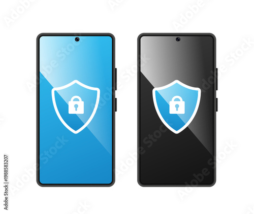 Cybersecurity. Smartphone with shield and lock. Vector 3D illustration.