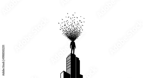 A person standing on a skyscraper with birds flying out.