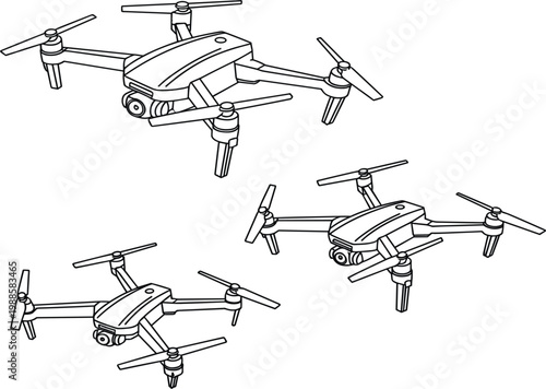 Modern quadcopter drone set with integrated cameras in minimalist black line art for aerial photography and high-tech surveillance concept vector