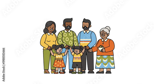 Family portrait of diverse group in cartoon style isolated on white background
