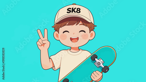 Cartoon boy with skateboard and peace sign