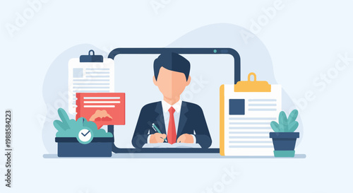 Businessman attending online meeting, reviewing documents, and taking notes at his desk