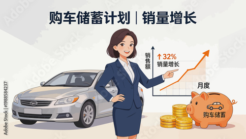 Woman with car and savings chart