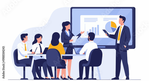 A business team collaborates on a presentation, with a presenter guiding the discussion and attendees engaged