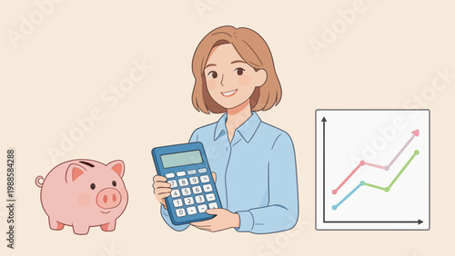 Woman with calculator piggy bank and graph