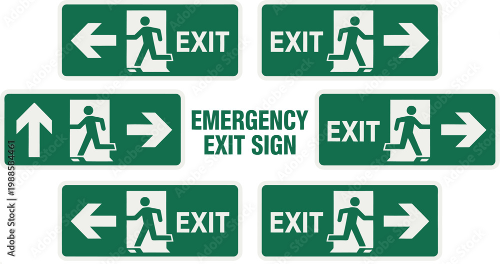 Fototapeta premium Emergency evacuation directions building safety sign emergency exit route arrow vector illustration design