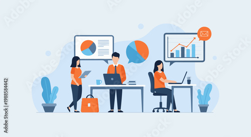 Team members analyze data and charts in a modern office setting