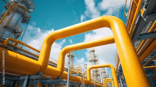 Industrial yellow pipes and structures against blue sky