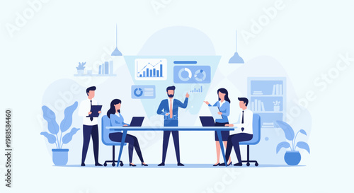 Team collaboration in a modern office meeting room, presenting data visually