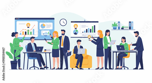 Diverse business professionals collaborate in a modern office setting, discussing data