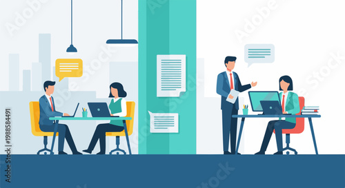 Colleagues collaborate at computers in a modern, bright office space with city skyline backdrop