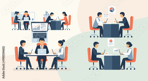 Modern office workers collaborate on laptops and charts in bright, clean meeting spaces