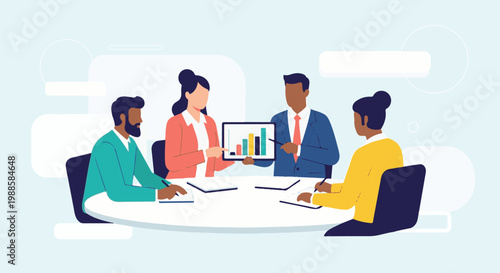 Diverse professionals collaborate around a table, presenting data on a tablet