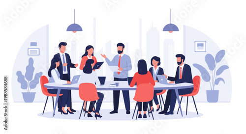 Diverse professionals collaborate around a modern office table with laptops