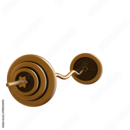 Gold dumbbell with weights on a white background for fitness and exercise