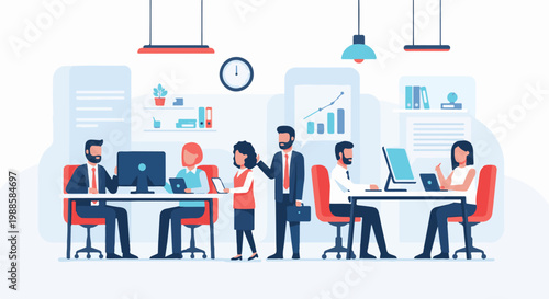 Diverse professionals collaborate in a modern office setting with computers and charts