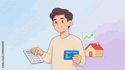 Man holding credit card and calculator