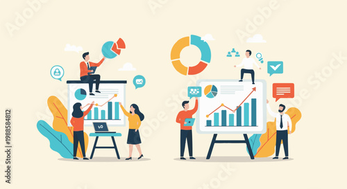 Diverse team collaboratively analyzes growth charts and data on presentations