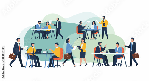 Busy office scene with professionals collaborating and working at desks