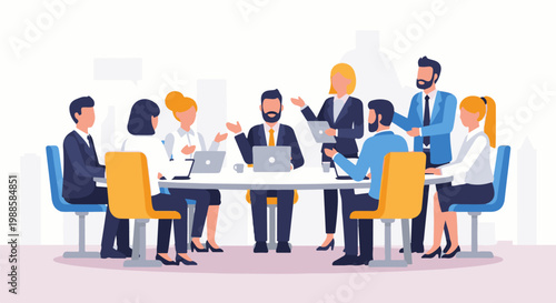 Diverse professionals engage in collaborative discussion around a modern conference table