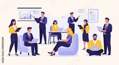 Diverse professionals collaborate using technology in a modern office setting for meetings and presentations