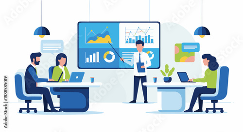 Colleagues in a modern office setting collaborate on a presentation, with charts on a large screen