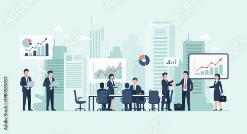 Business professionals collaborate in a city office, discussing financial charts and graphs