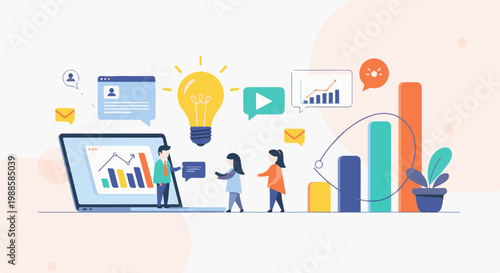 Business people collaborate with a laptop showing charts, a lightbulb, and data visualization