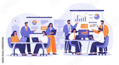 Diverse professionals collaborate in a meeting, analyzing data on screens and charts