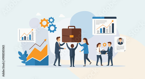 Business team celebrating success with charts and a briefcase aloft