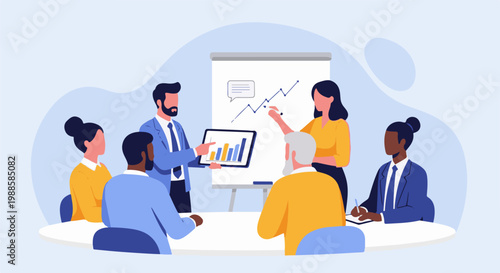 Diverse business team in a meeting, presenting data and collaborating effectively