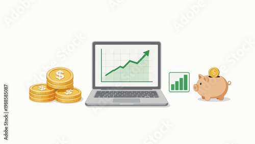 Laptop with coins and piggy bank