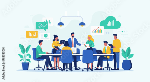 Diverse professionals collaborate around a table, analyzing charts and data, fostering growth
