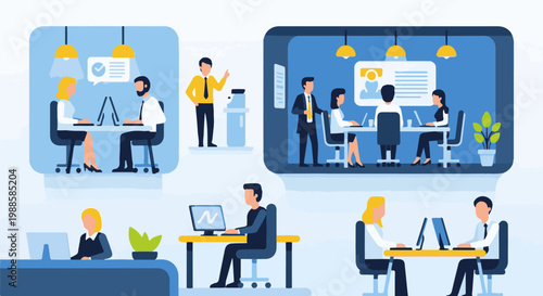 Business meeting and office work scenes with diverse employees collaborating at desks