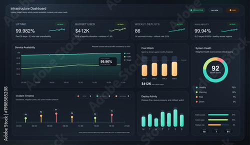 Modern Infrastructure Analytics Dashboard Interface. Dark mode DevOps dashboard showing uptime, budget, deploys, availability, system health, incidents, and release activity, ideal for SaaS. Vector